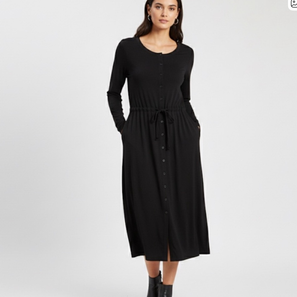 Eileen Fisher Black Long Sleeve Tie Waist Midi Dress Pockets Small